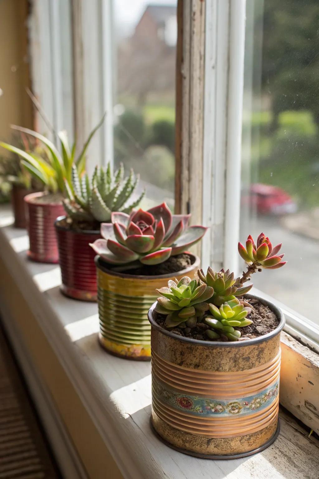 Repurposed vintage tins make quirky succulent containers.