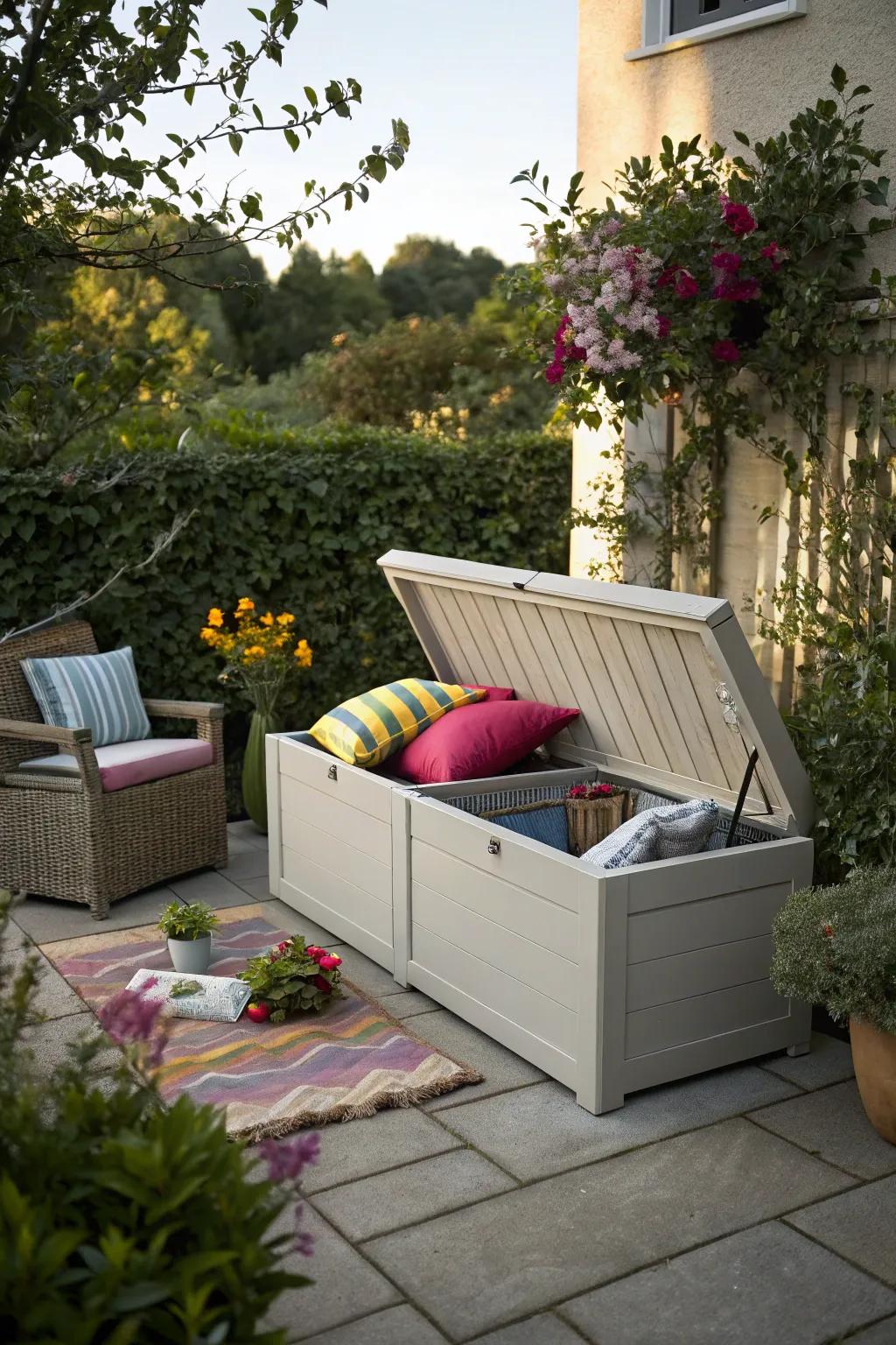 A stylish storage box keeps cushions dry and safe from the elements.