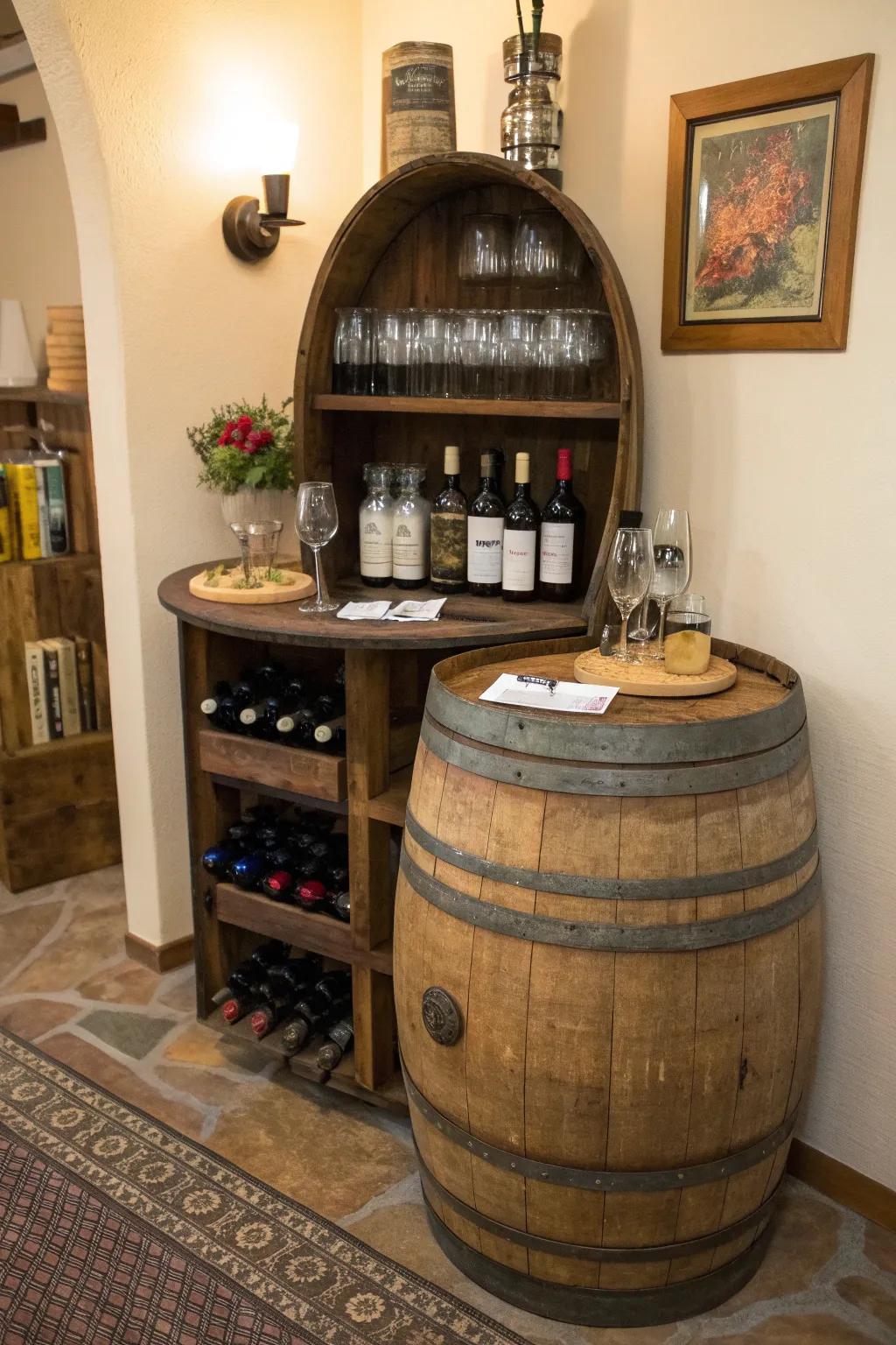 A wine barrel mini bar is perfect for compact living.