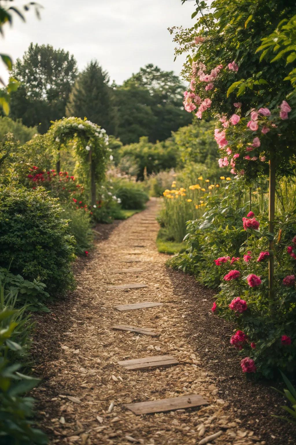 Wood chip paths add a rustic charm to any garden landscape.