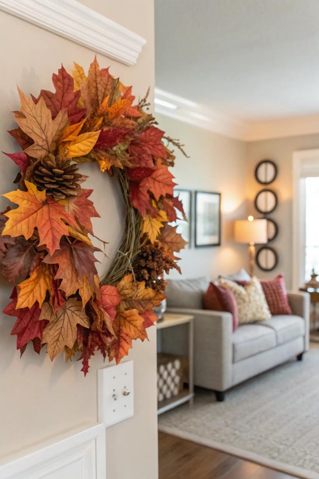 A seasonal wreath with vibrant fall foliage.