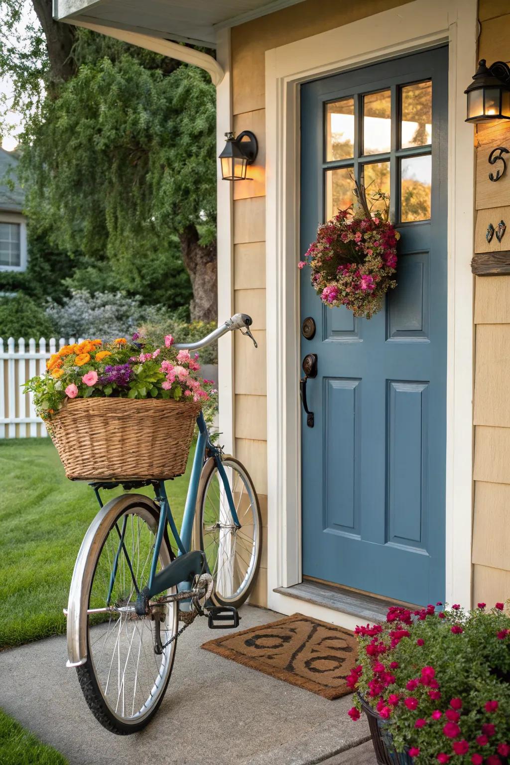 A vintage bicycle adds unexpected charm.