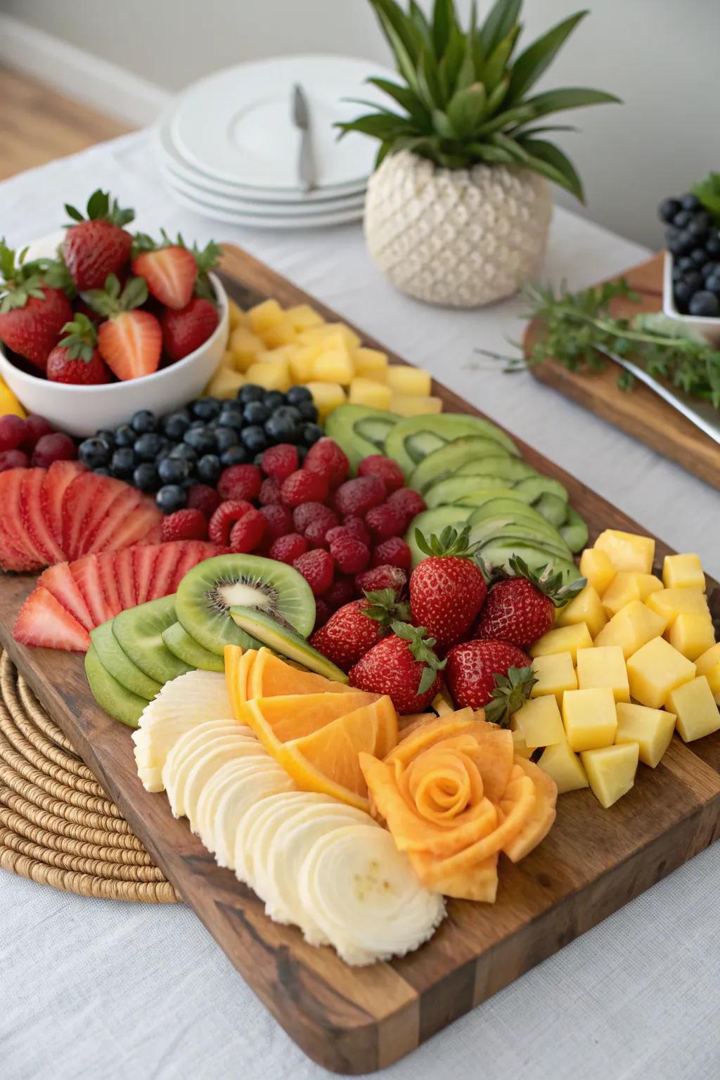 A creatively arranged fruit board that stands out.