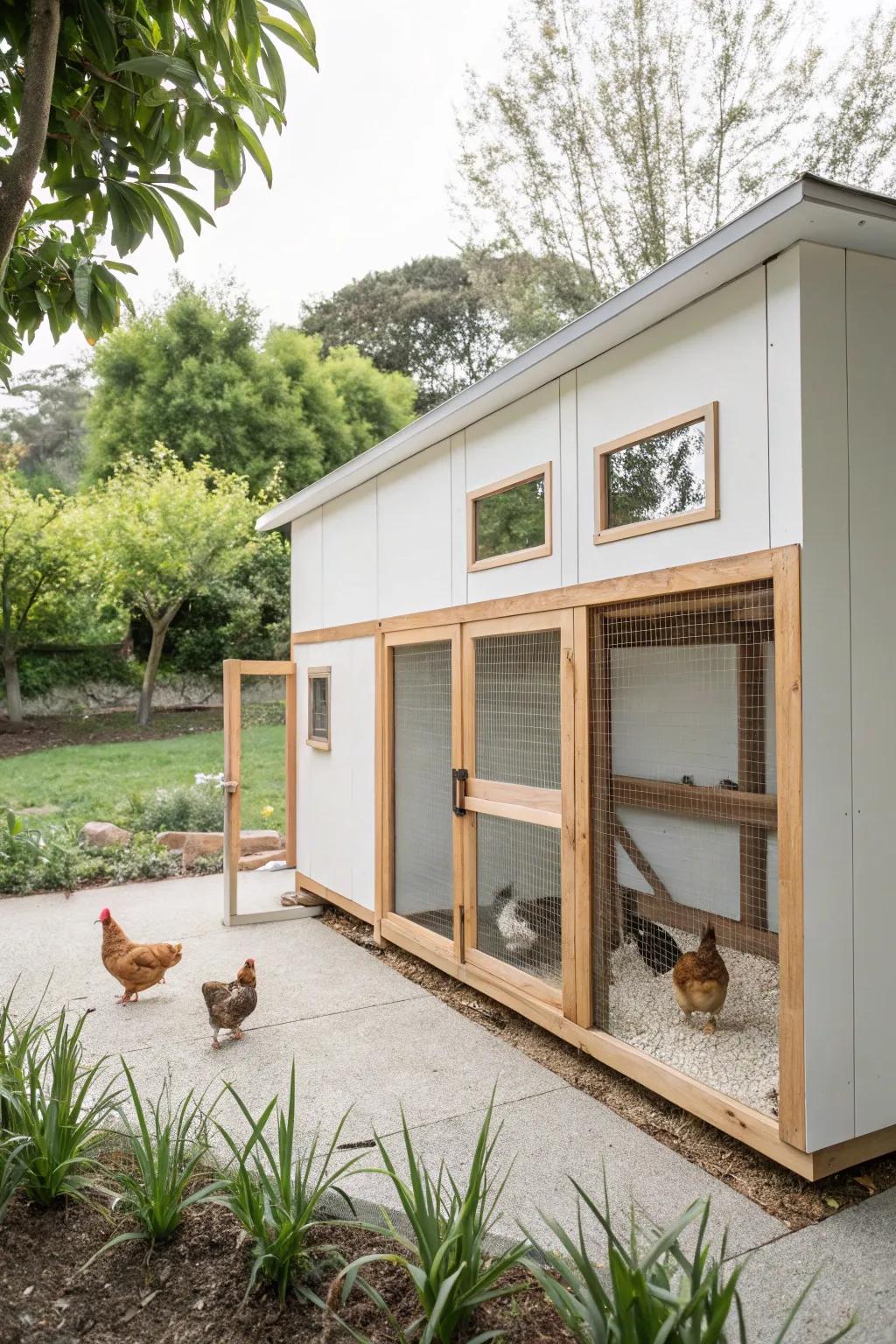 A minimalist chicken coop with sleek design and neutral tones.