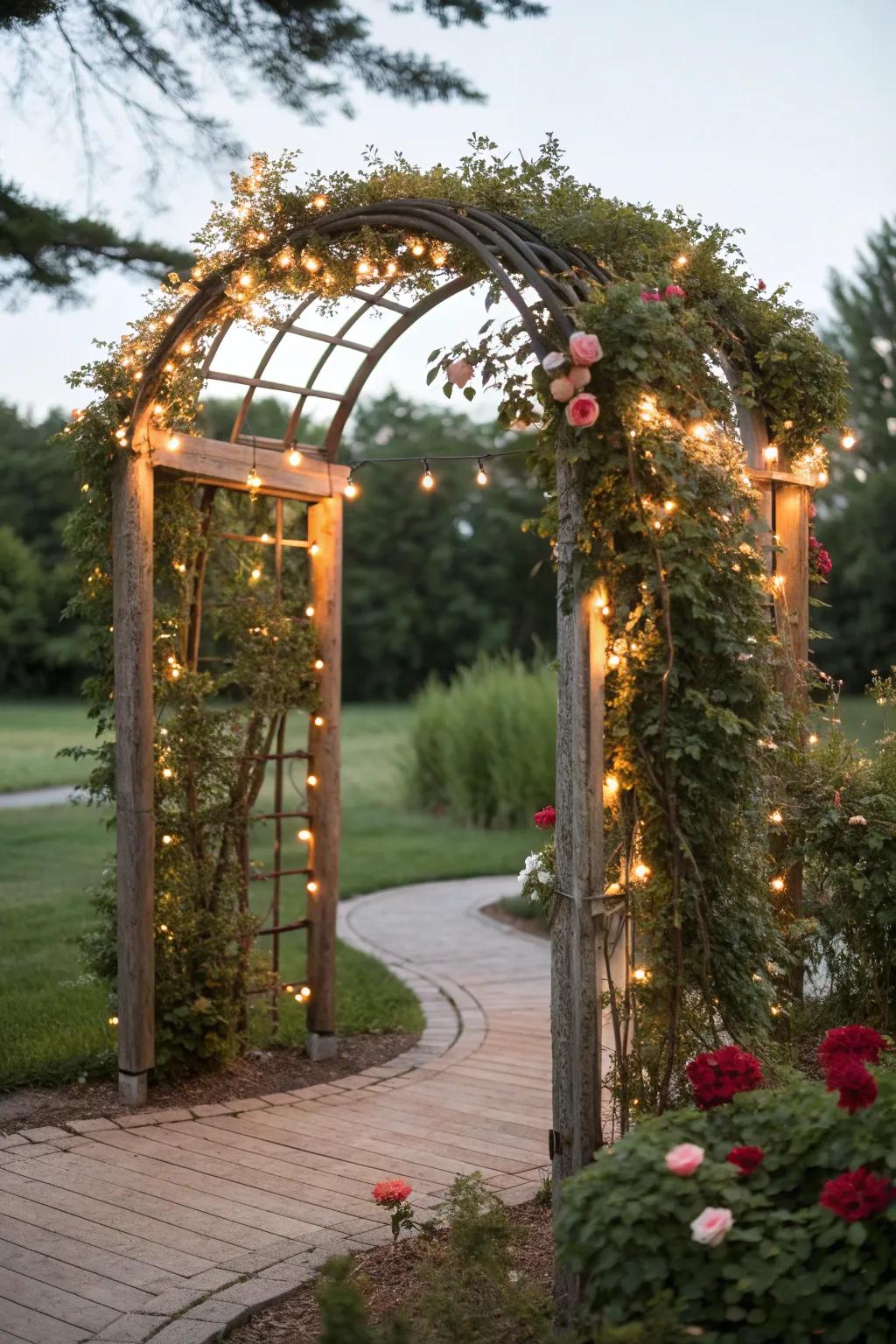 An arbor outlined with soft rope lights.