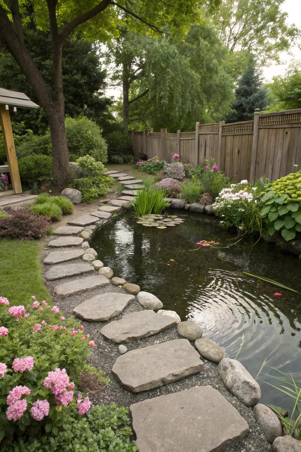 A stone pathway leading to a charming backyard pond.