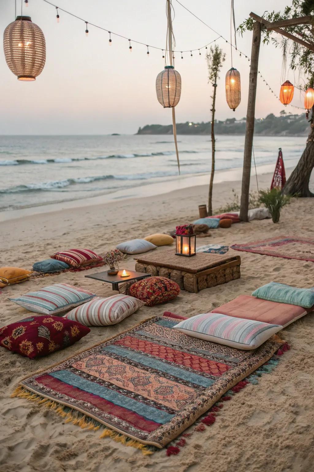 Layer rugs for a bohemian beach setup that's as stylish as it is comfortable.