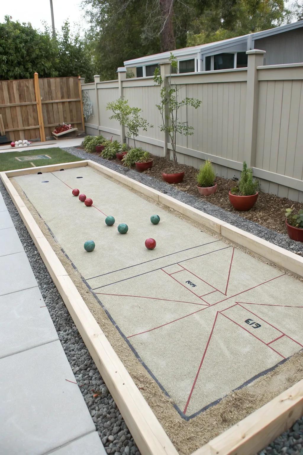Maximize fun with a dual-purpose bocce and horseshoe court.