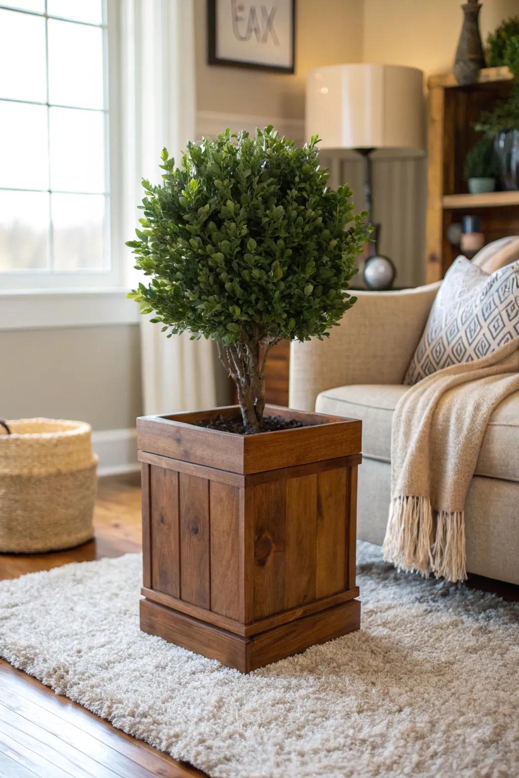 Cozy corner: Boxwood in a warm wooden planter.