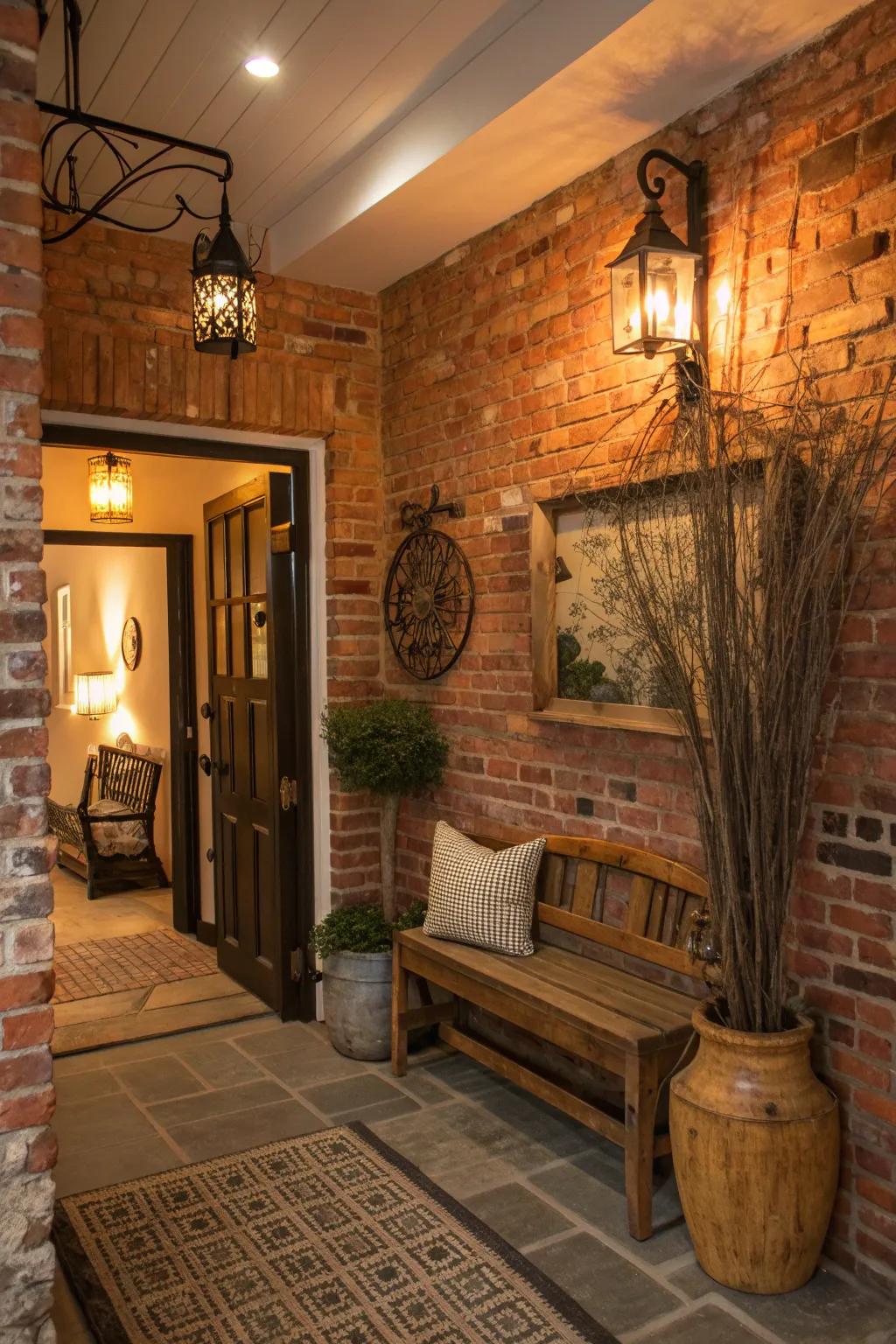 An entryway featuring stunning exposed brick walls.