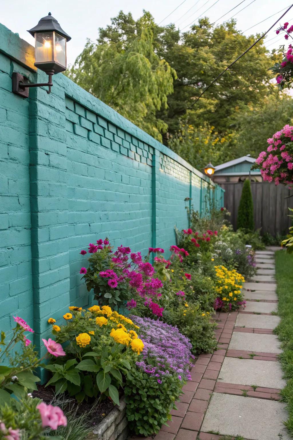 A painted brick wall adds a vibrant backdrop to this lush garden.