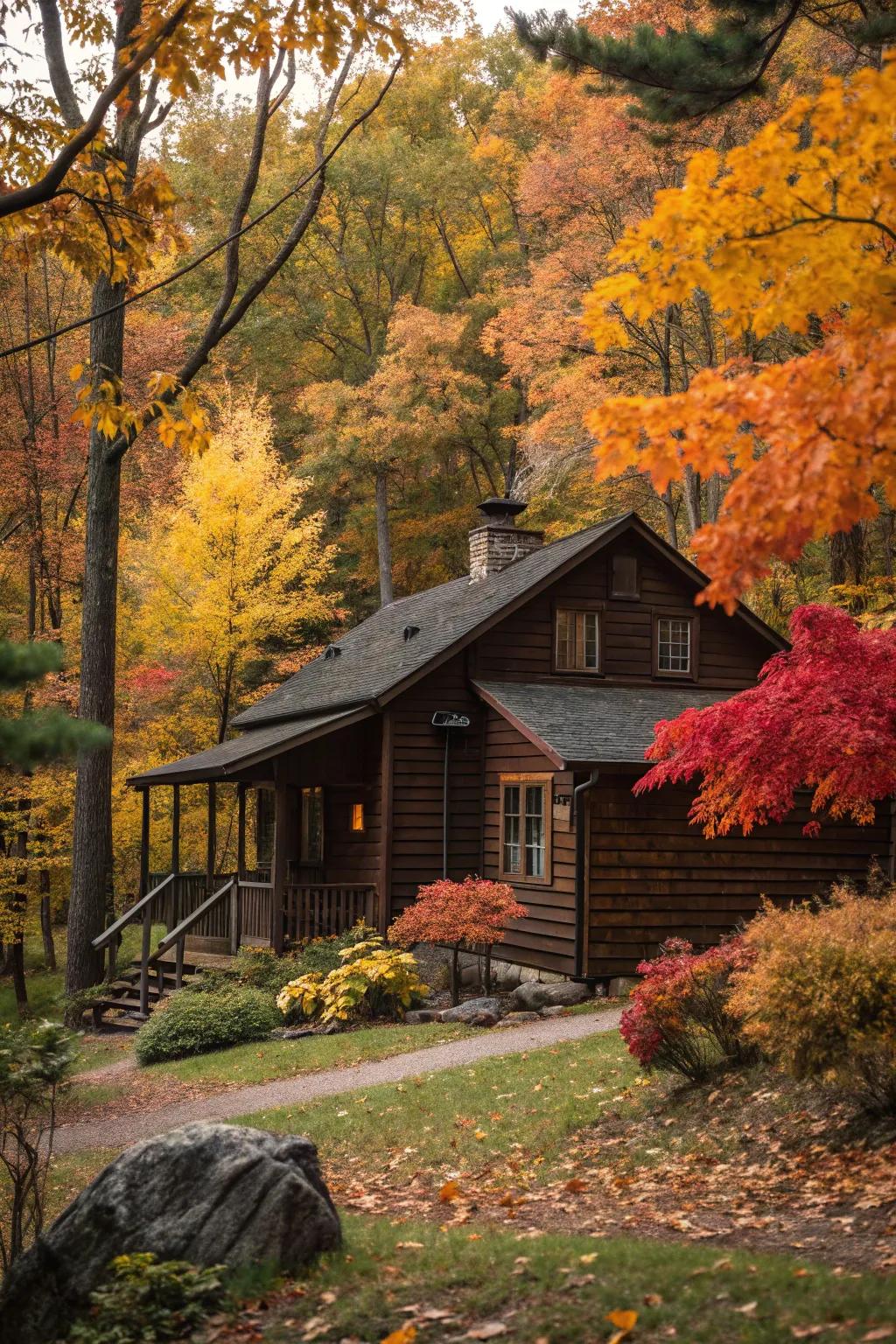 Stained wood siding enhances the natural beauty of cabins.