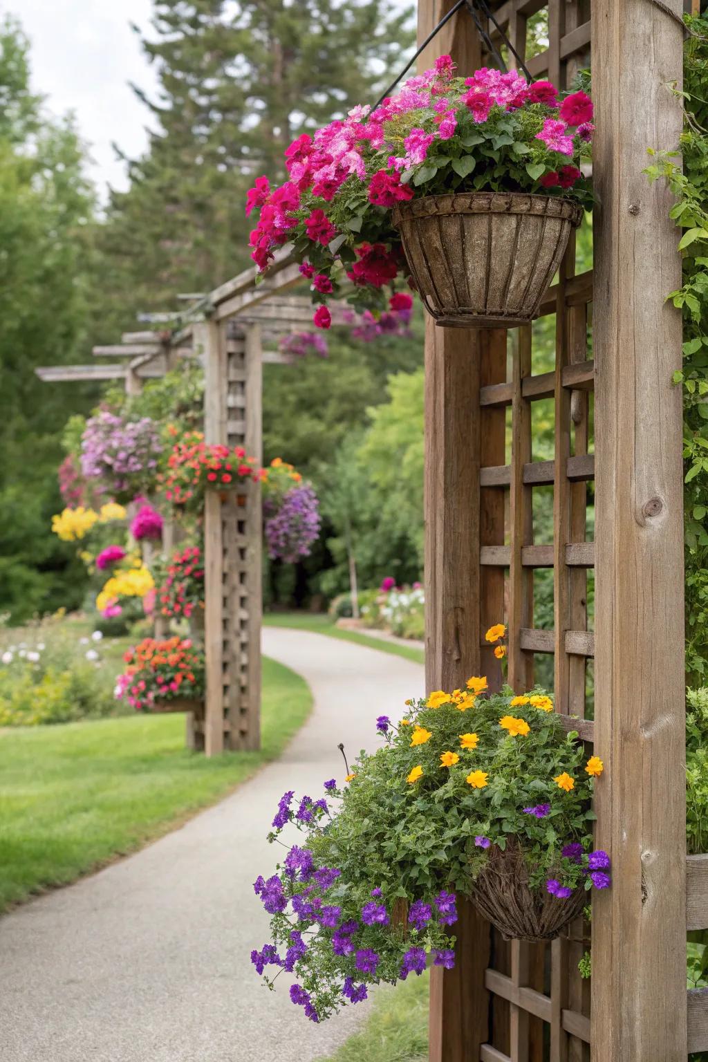 A cedar trellis with hanging planters adds color and depth