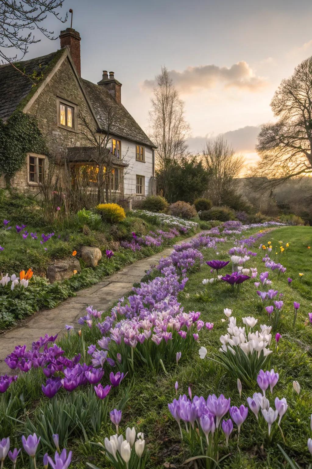 A quaint cottage garden enriched with charming crocuses.