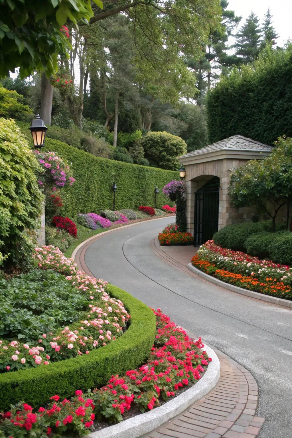 A curved driveway adorned with colorful flower beds for a lively entrance.