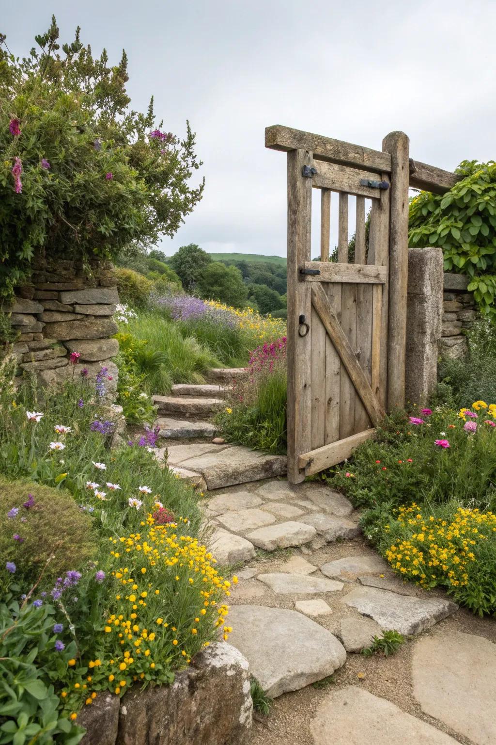 A rustic wooden gate offers a traditional charm to any garden setting.