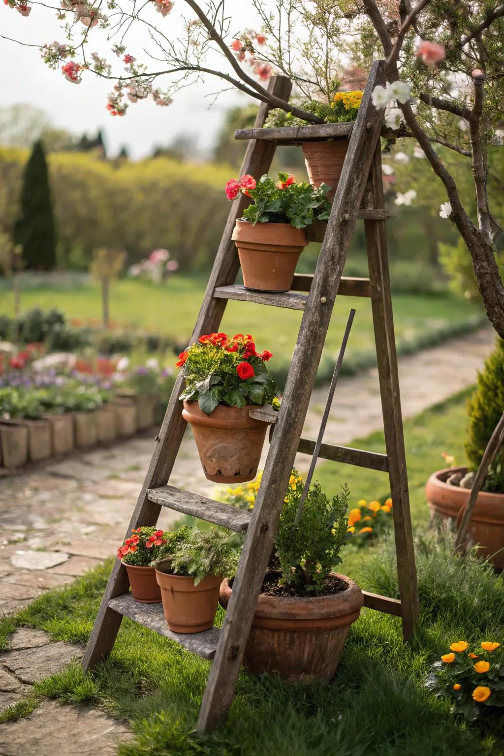 A rustic ladder creatively used as a plant stand for terracotta pots.