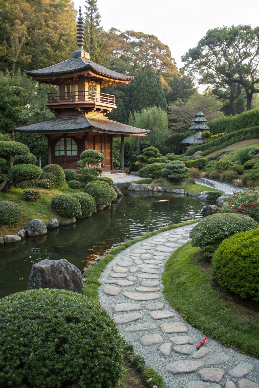 A small pagoda providing cultural flair to a Japanese garden.