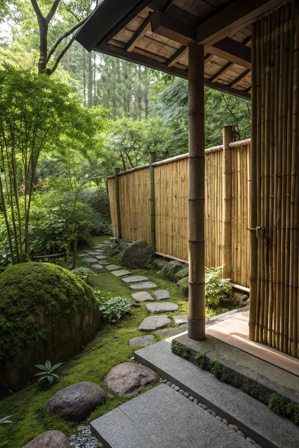 A bamboo privacy screen offering seclusion in a meditation garden.