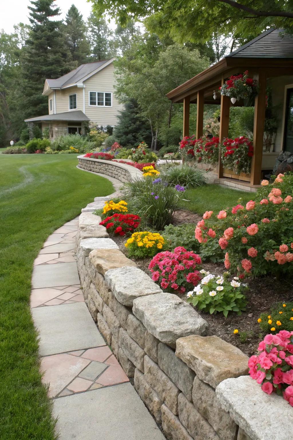 Stone walls add a touch of elegance and structure.