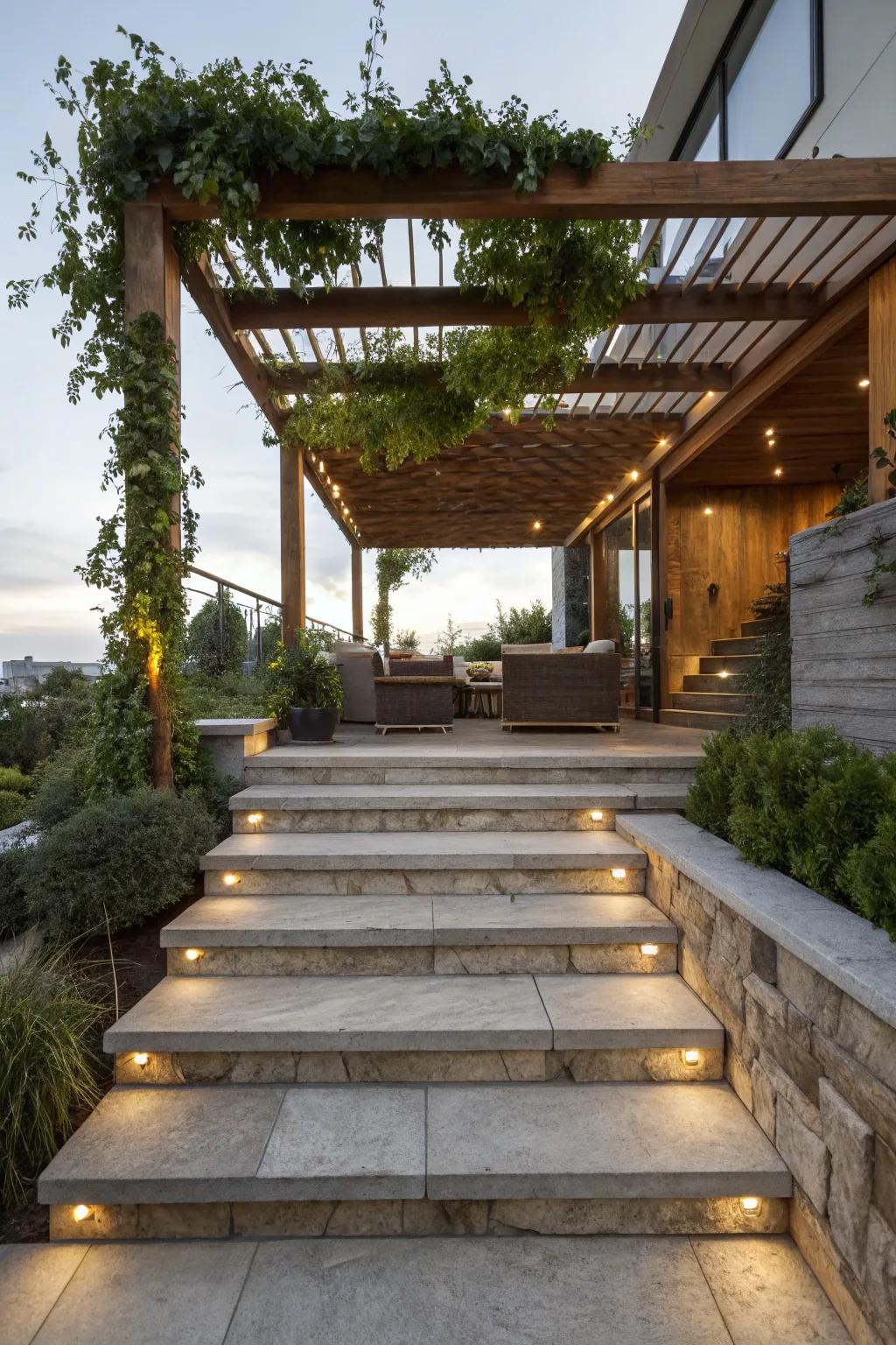 A pergola-topped walkway adds shade and charm to your steps.