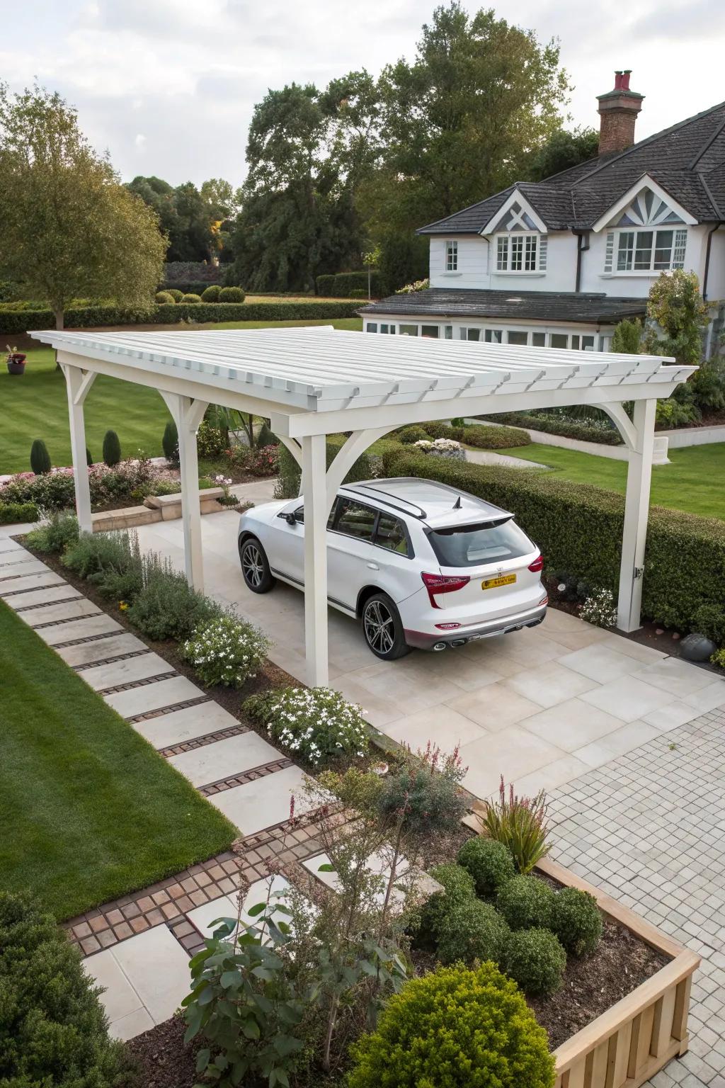 A white timber pergola carport adding elegance to outdoor spaces.