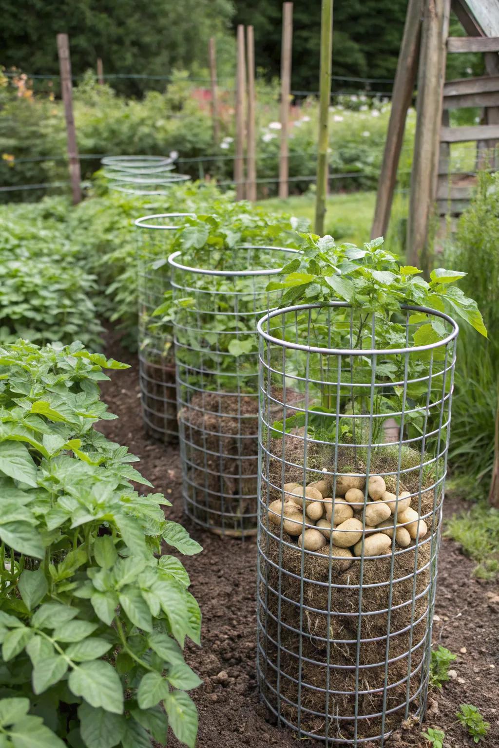 Wire mesh cylinders for easy potato harvesting.