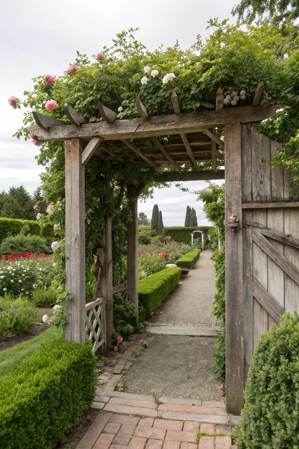 A rustic arbor welcomes visitors with charm.