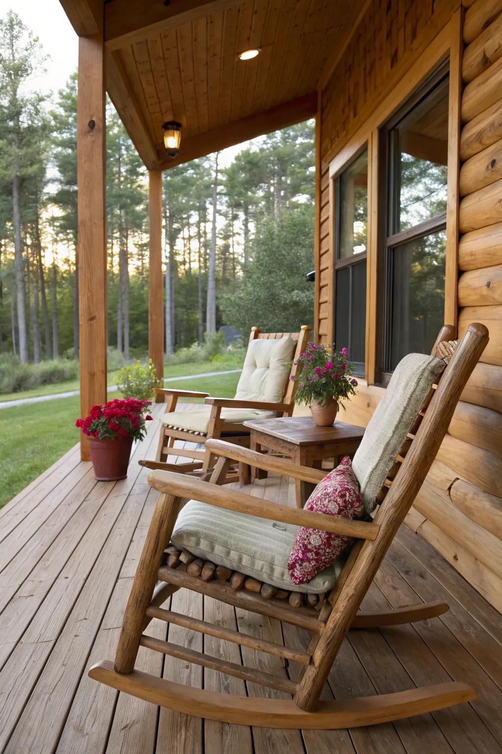 Cedar log rocking chairs perfect for a rustic porch.