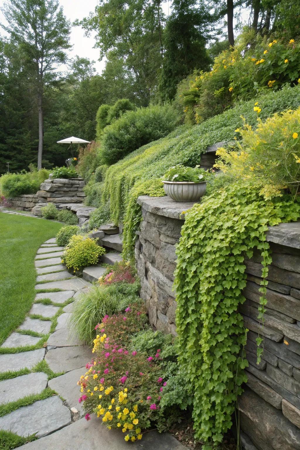 Slate retaining walls offer structure and beauty.