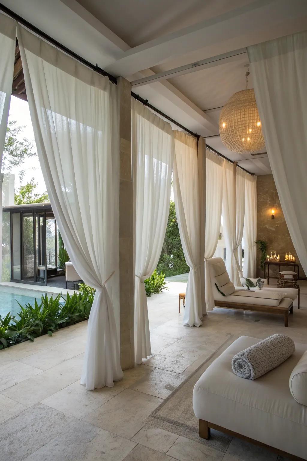 Soft white curtains create a flexible and luxurious divider in any spa room.
