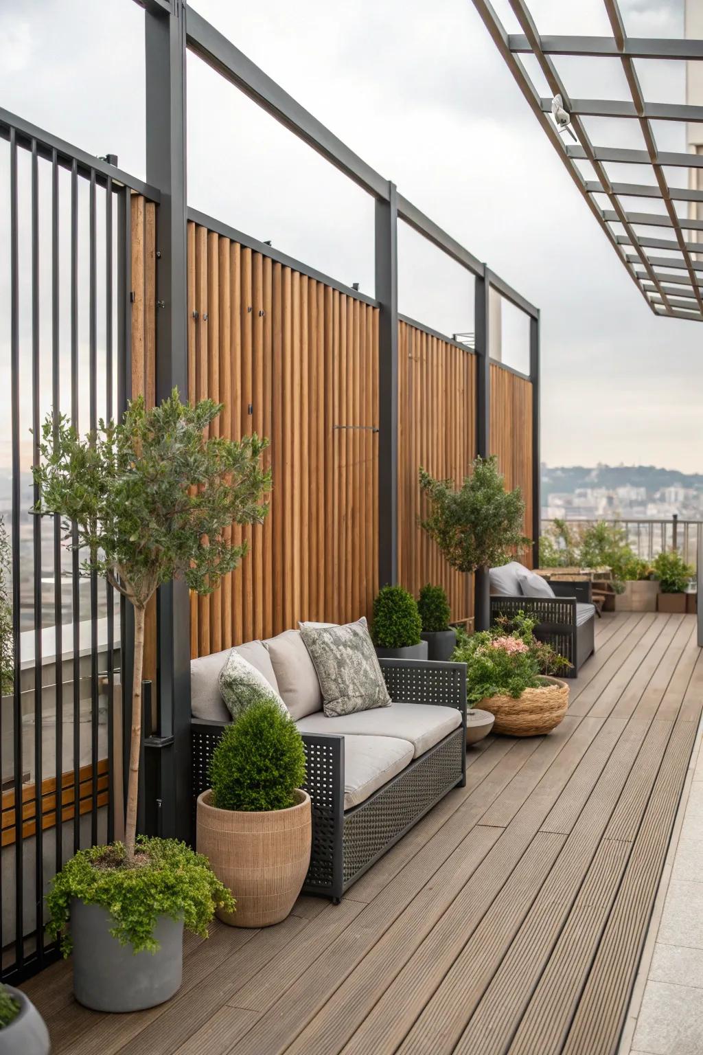 Mixed materials create a unique and stylish fence design.