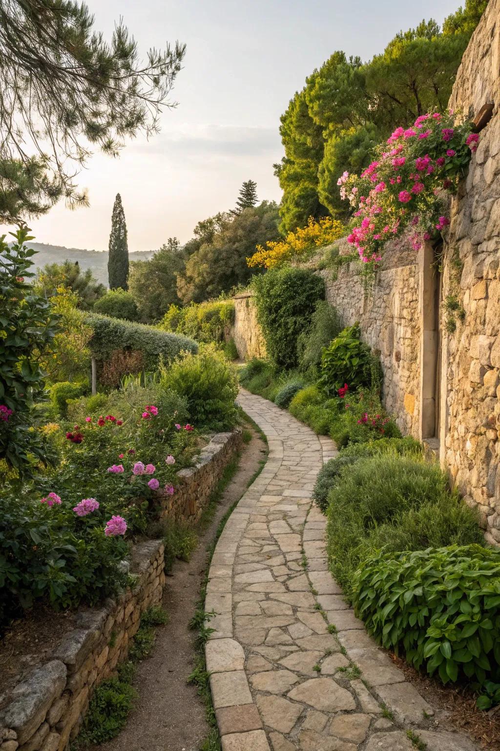 Create classic charm with stone pathways and walls.