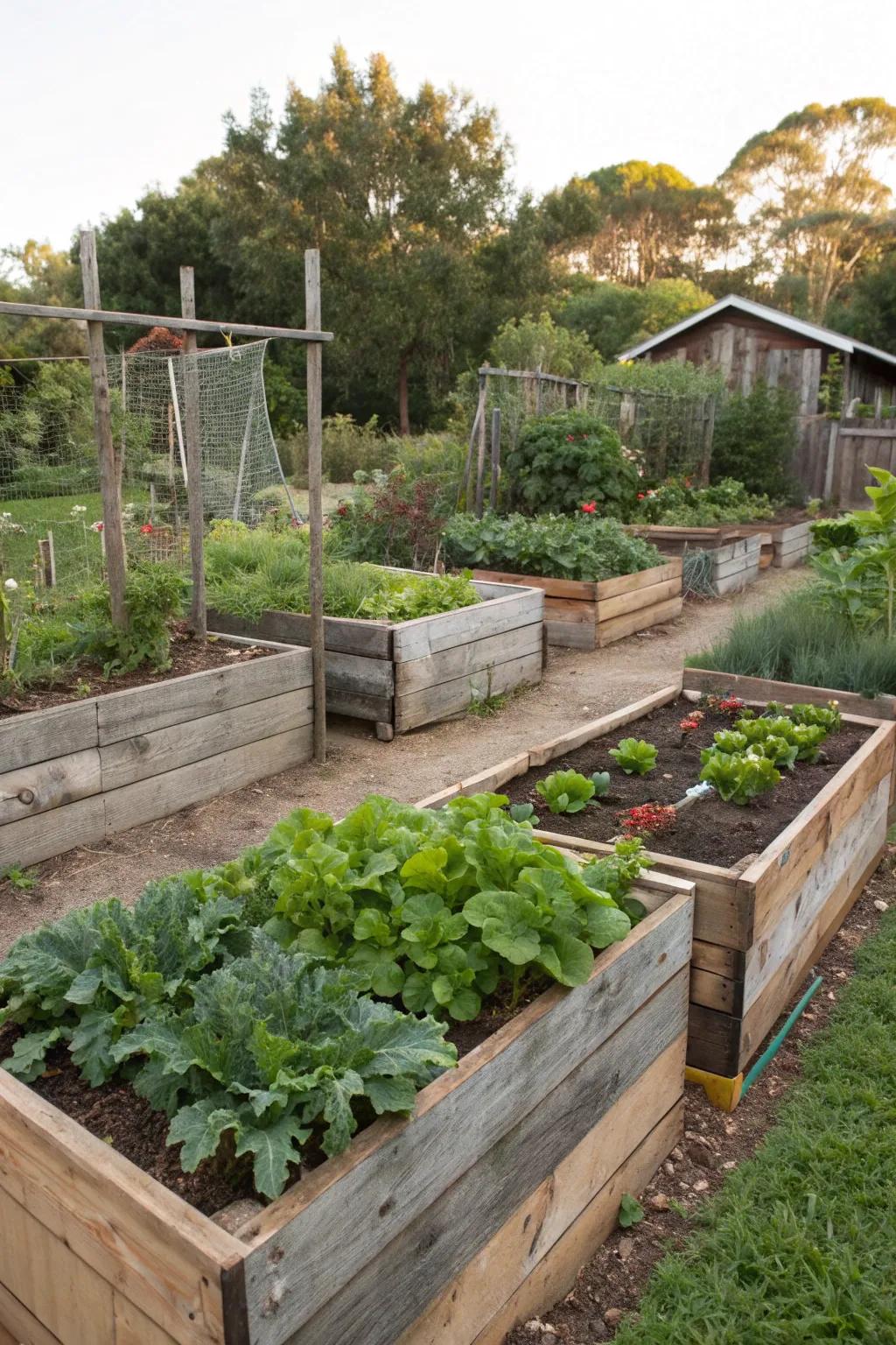 Recycled materials create eco-friendly and charming garden beds.