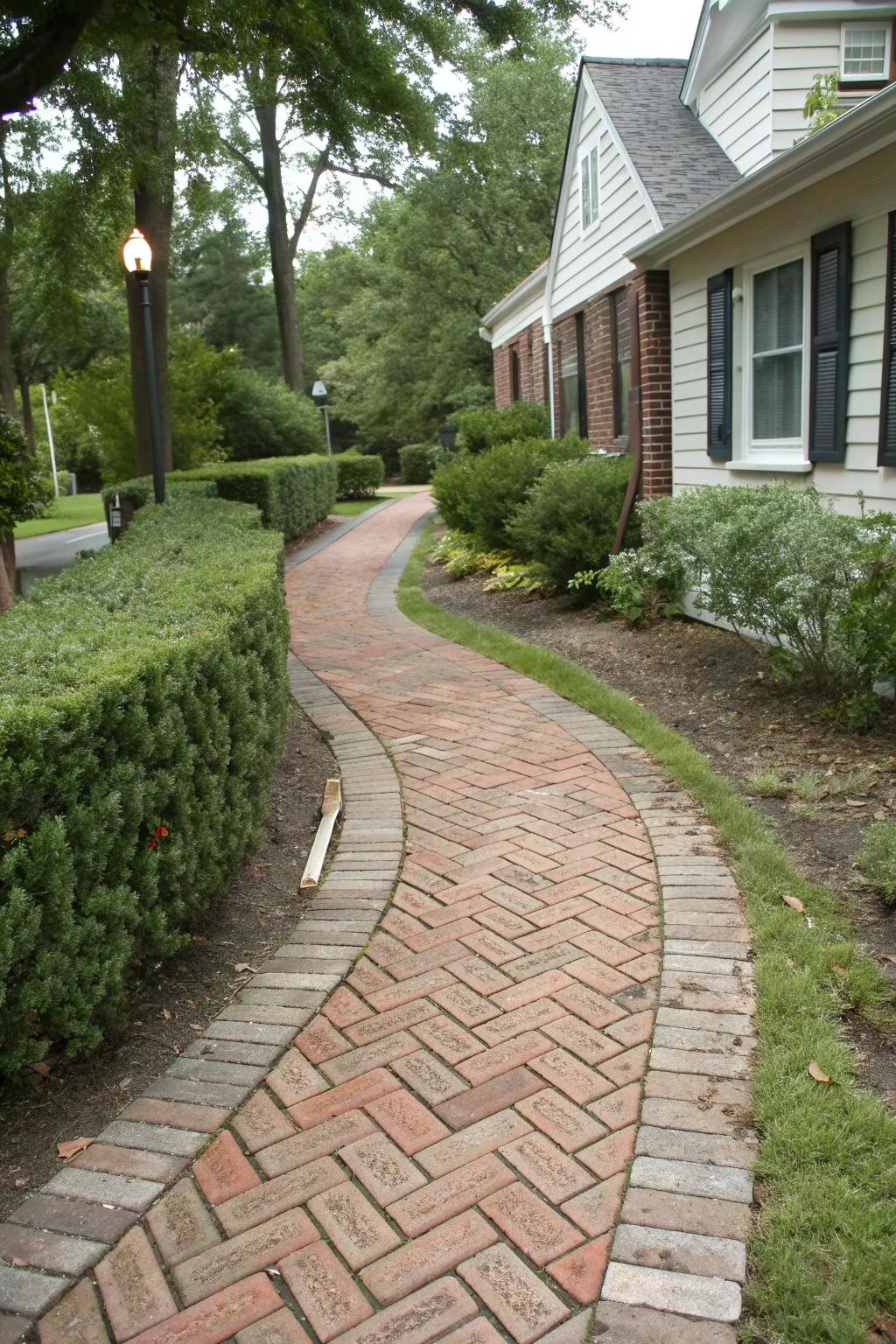 Brick edging in a herringbone pattern for a classic walkway look.