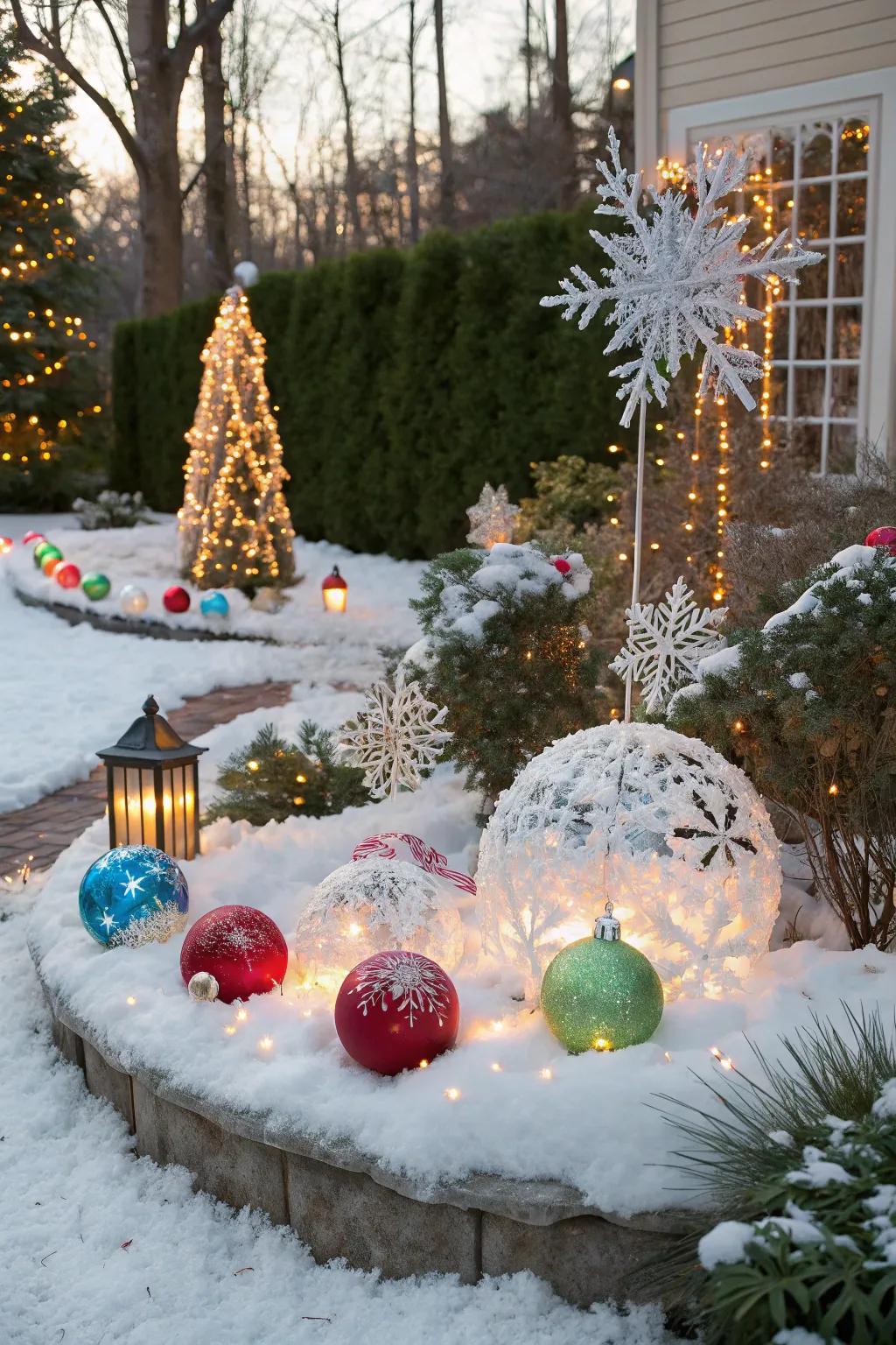 Transform your garden into a magical snowy ornament display.