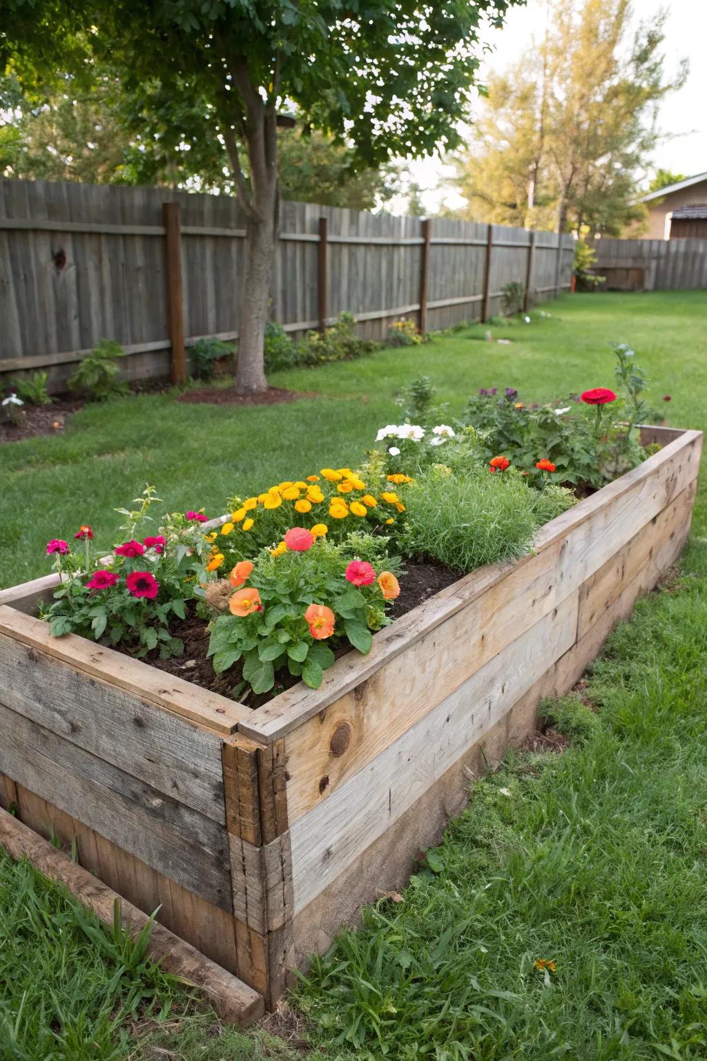 A rustic raised garden bed crafted from reclaimed wood, bursting with colorful blooms.
