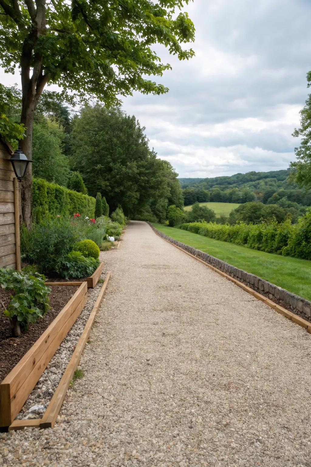 Wooden borders defining the driveway’s edge with charm.
