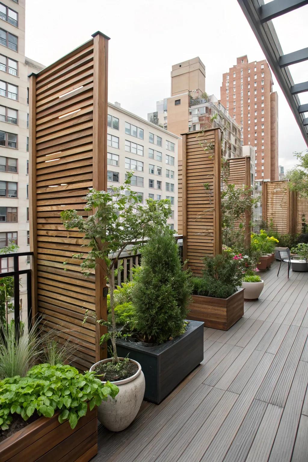 Enhance your deck's charm with vertical wooden privacy screens.