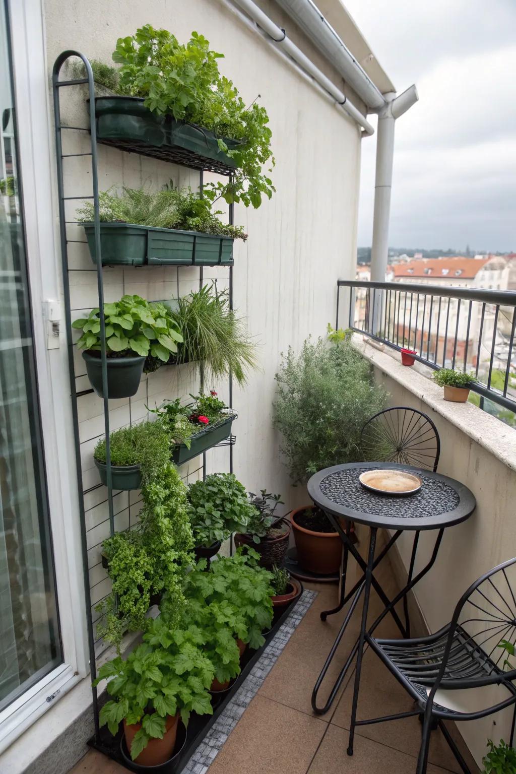 A vertical herb garden adds greenery and functionality.