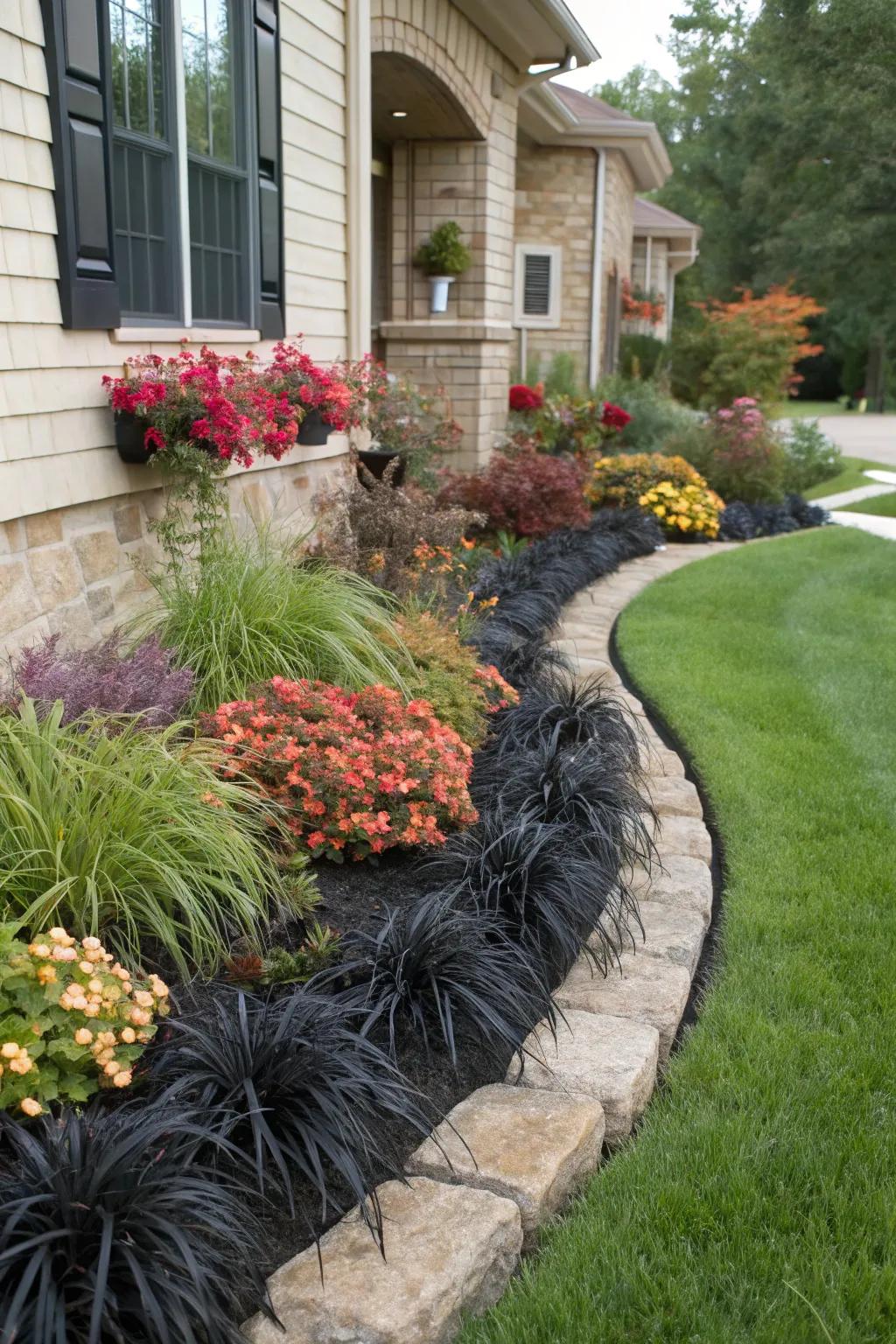Foundation plantings with black mondo grass boost curb appeal.