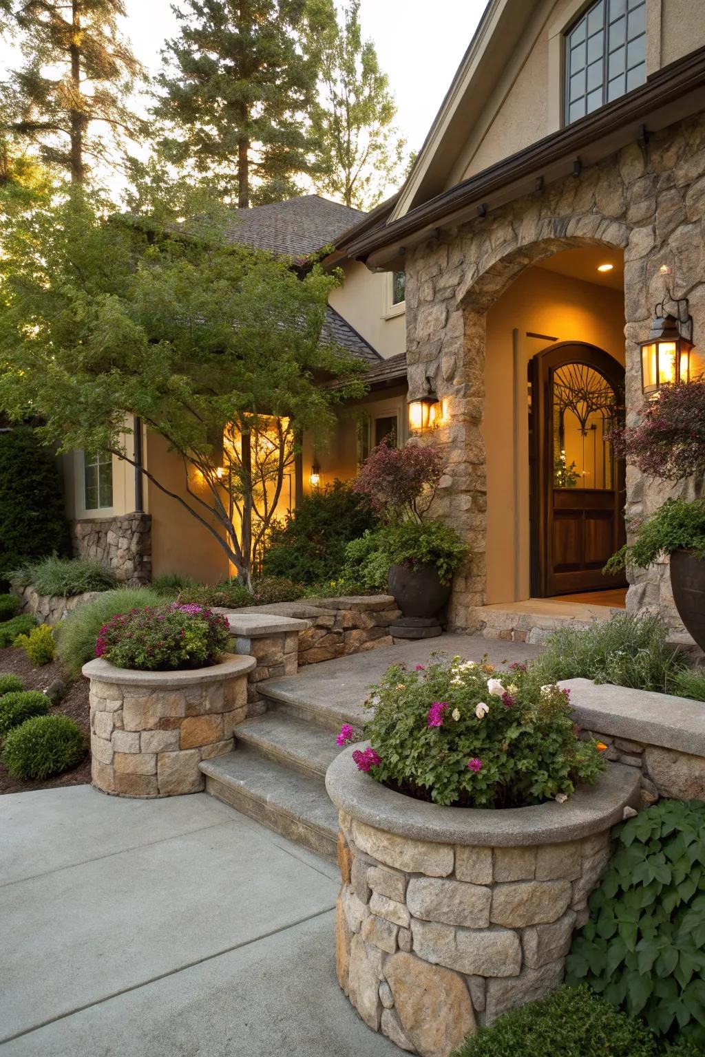 Stone and greenery creating a harmonious entryway design.
