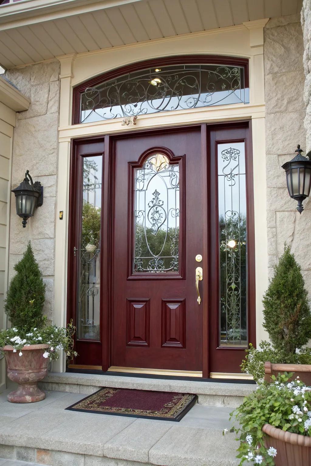 A burgundy front door with sidelights adds a luxurious touch to your home.