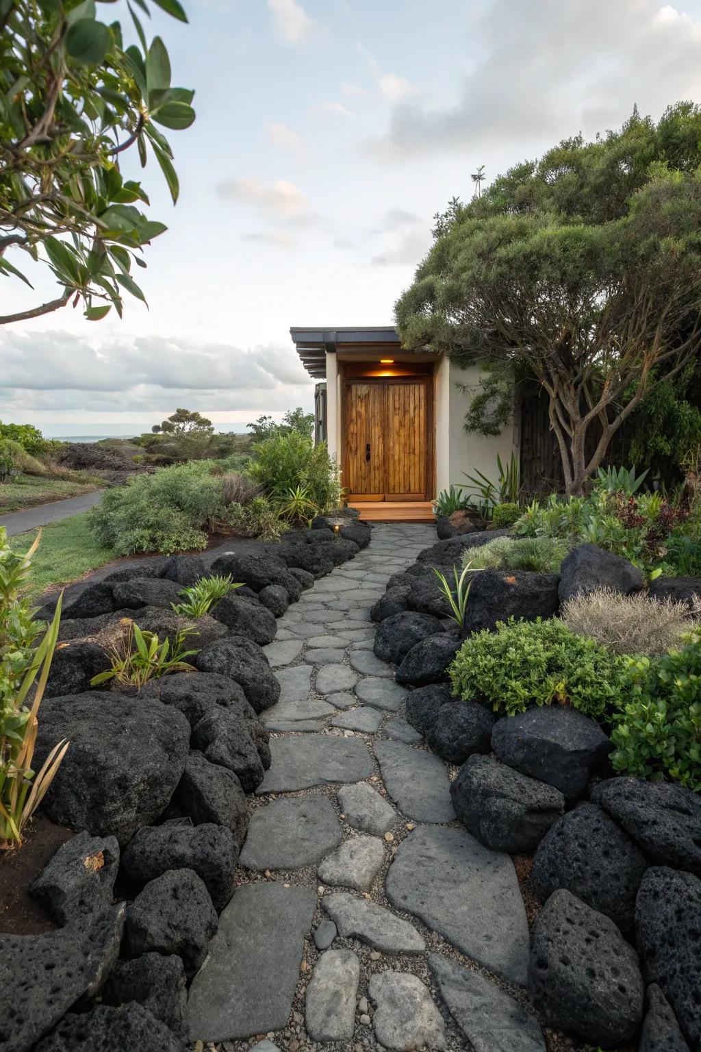 A bold entrance with black rocks lining the path to the front door.