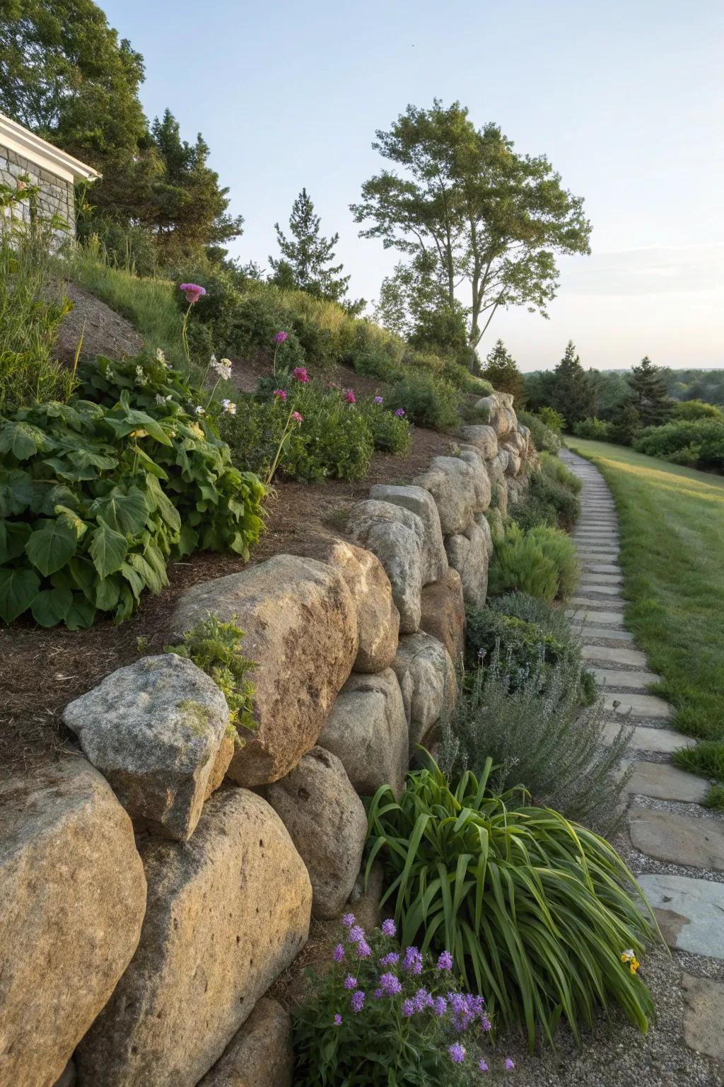 Rugged beauty with a boulder wall.