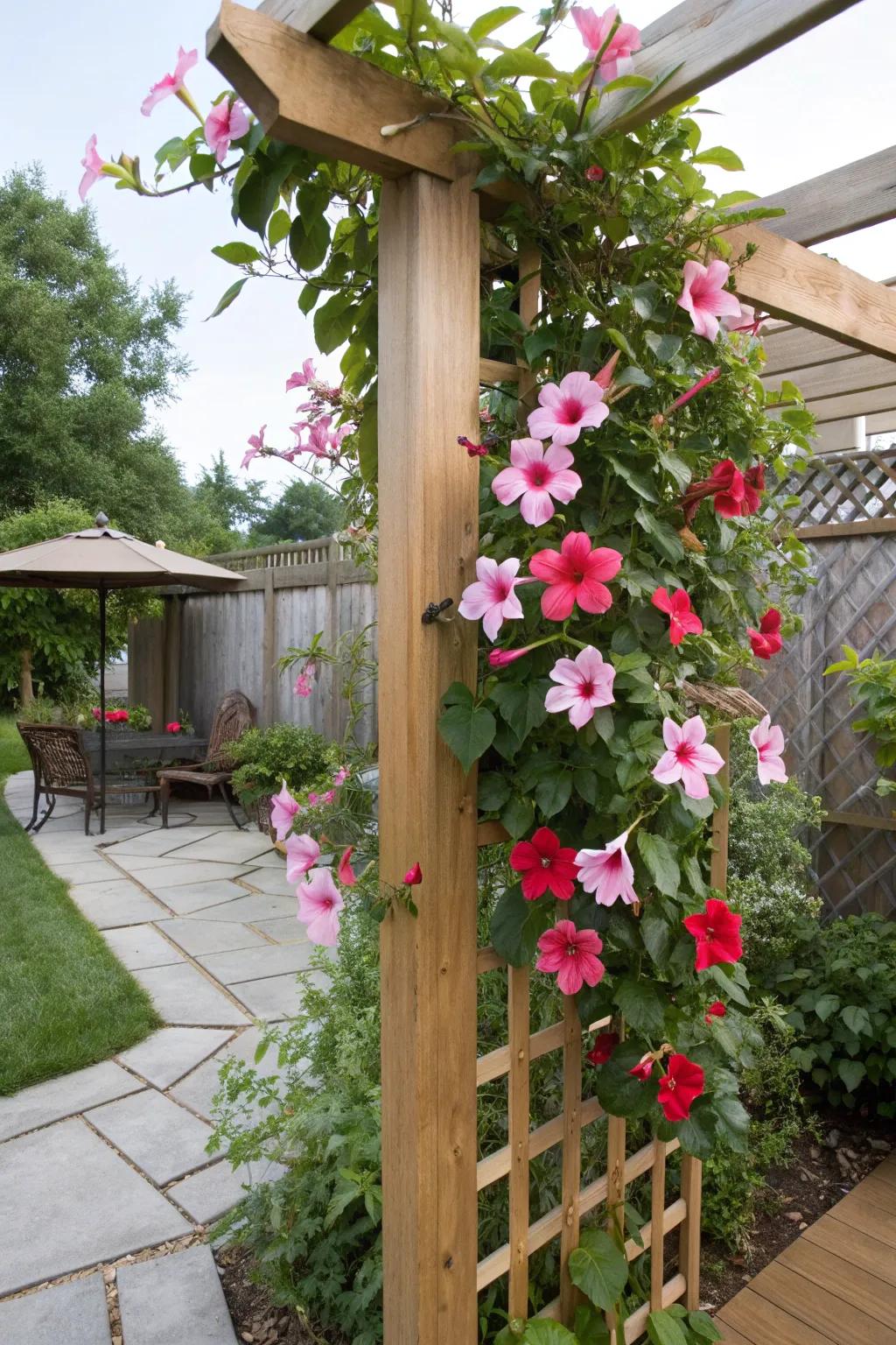 A stunning display of mandevilla flowers creating a vertical statement on a garden trellis.