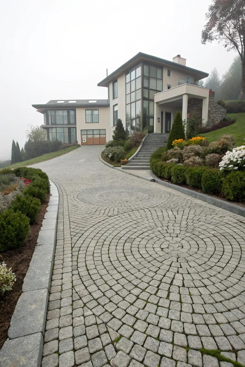 A fan-shaped cobblestone pattern brings an artistic touch to this driveway.