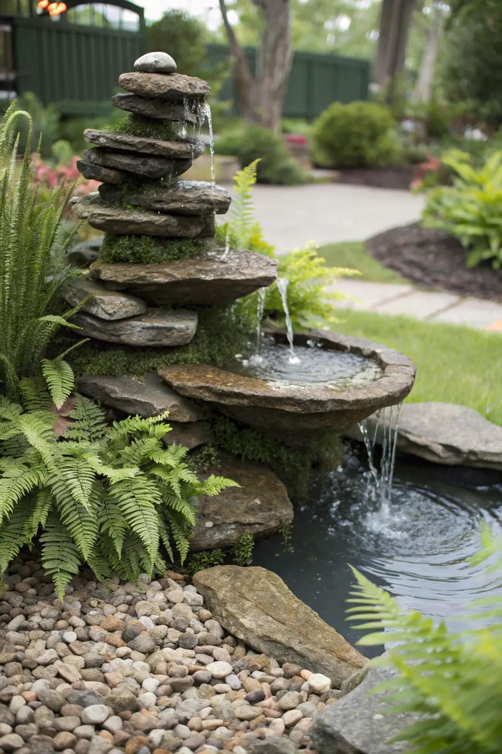 Layered stone cascades bring the tranquility of a mountain stream to your garden.