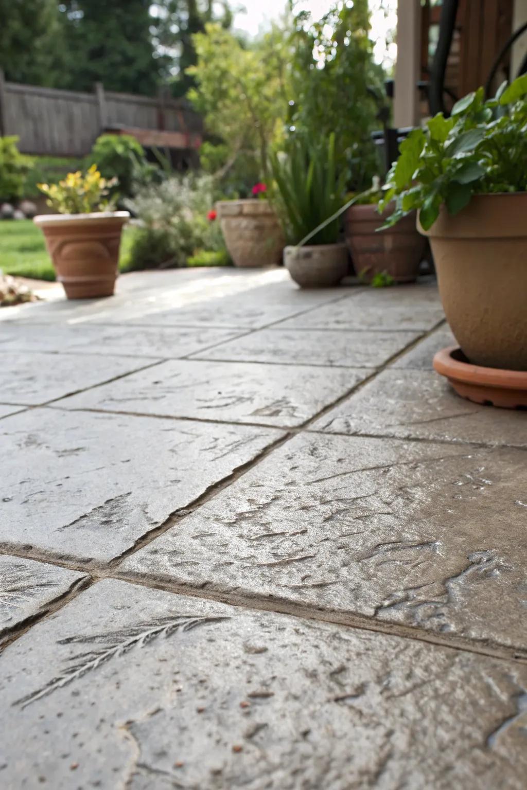 A blend of smooth and textured finishes adds depth to the patio design.