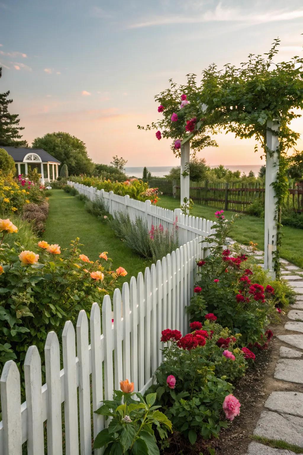 A white picket fence creates a welcoming garden atmosphere.